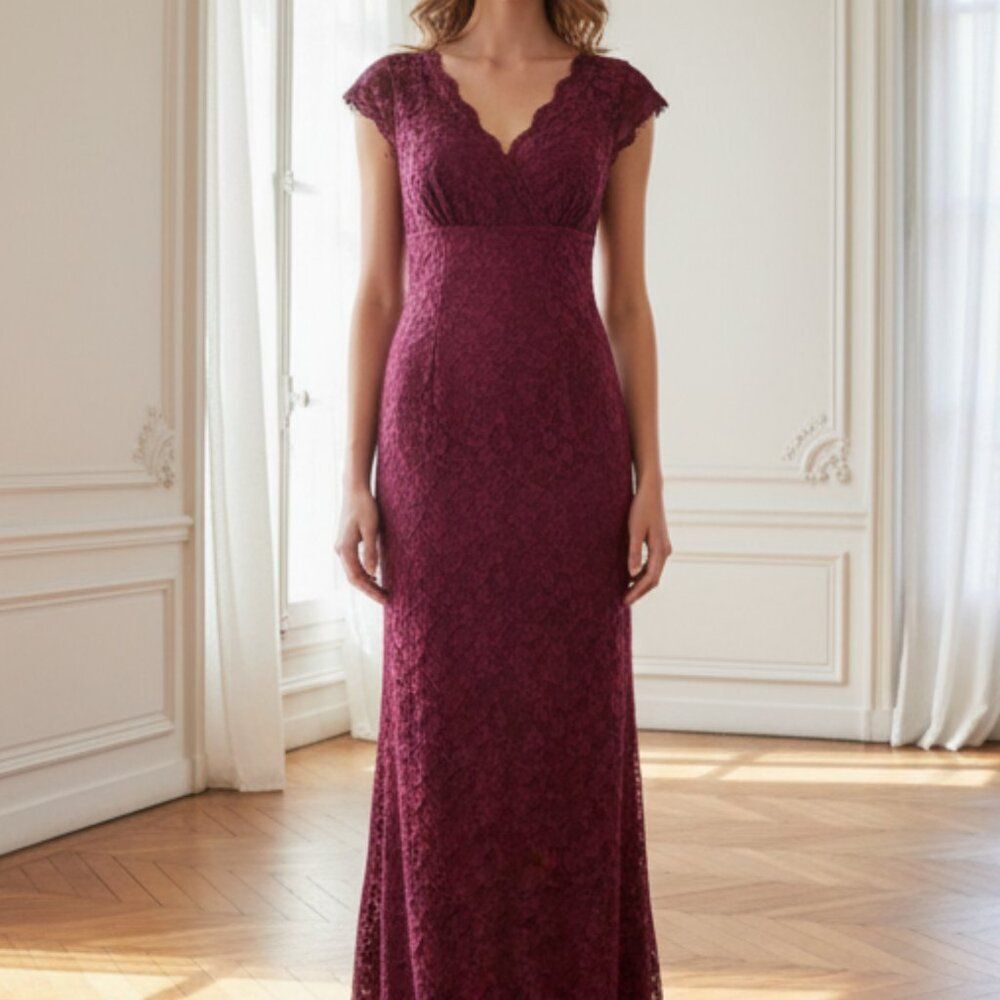NWT Marina Burgundy Lace Maxi Dress | Flutter Sleeve V-Neck Gown | Size 8
